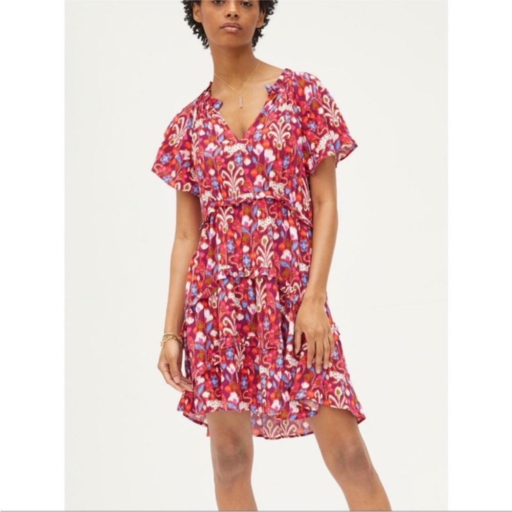 by Anthropologie Robin Tiered Whimsical Cat Print Red Mini Dress Large NWOT